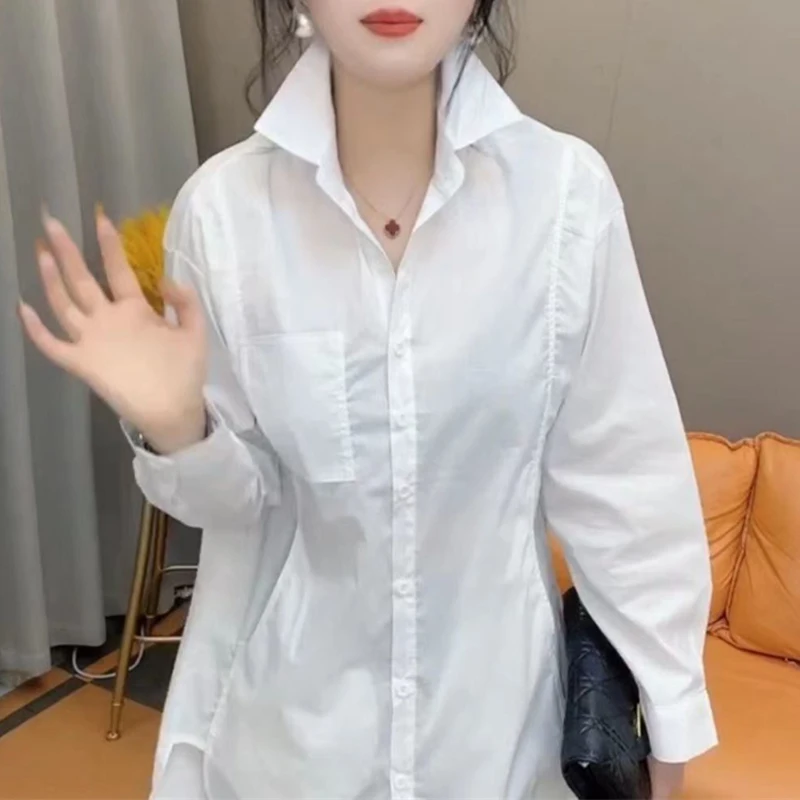 

New Women's Fashion Simple Lapel Button Up Shirt Office Lady Commute Irregular White Blouse Casual Long Sleeve Pocket Loose Tops
