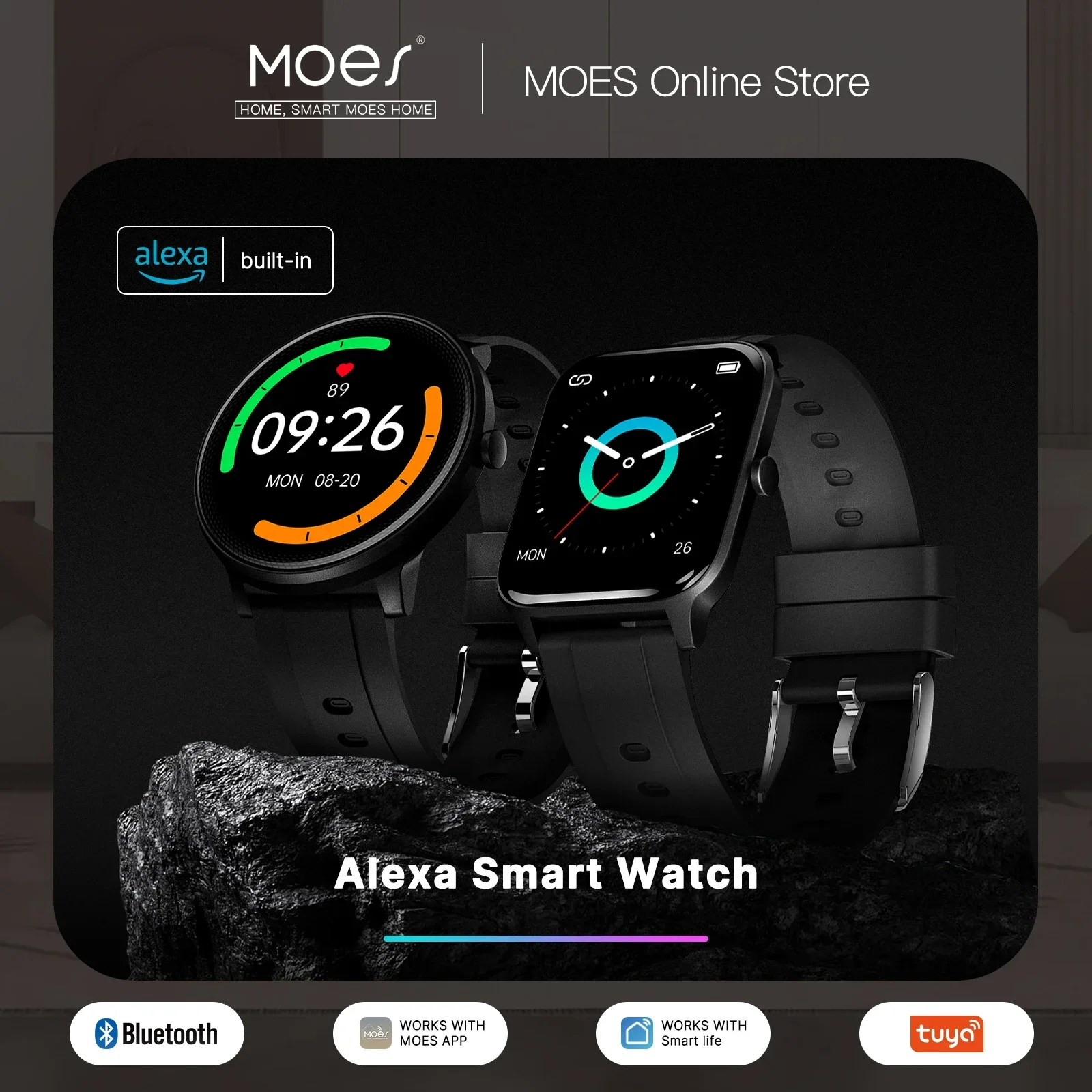 

MOES Smart Watch Alexa Built-in Fitness Tracker Heart Rate and Two Dial Styles Blood Oxygen Monitor, IP68 Waterproof Touchscreen