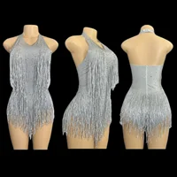 Sparkly Rhinestones Fringe Bodysuit WomenVightclub Party Dance Costume Stage Wear SexyTassel Leotard Performance Clothing 7G 5