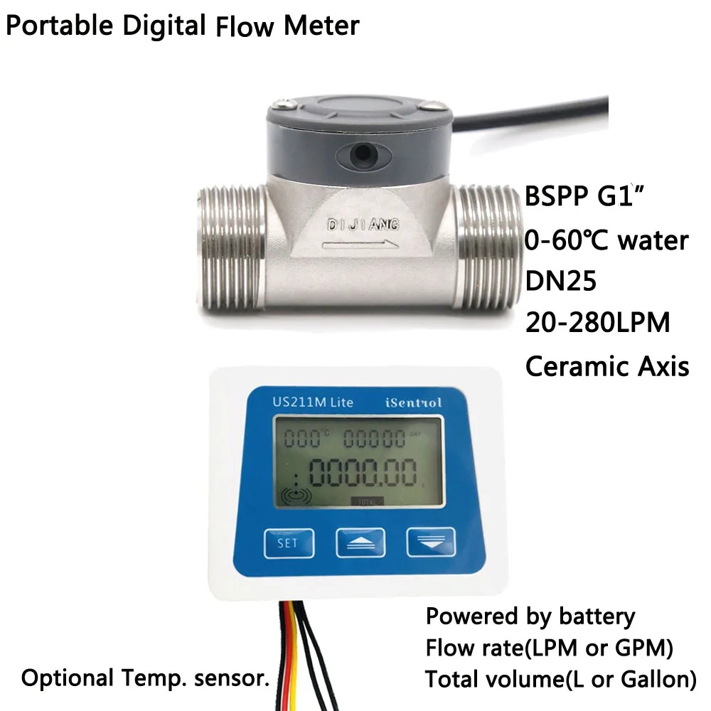 

US211M Lite Portable Digital Flowmeter BSPP G1" DJ-HS10TA Sensor Turbine Water Flow Sense SS Zhongjian iSentrol Dijiang