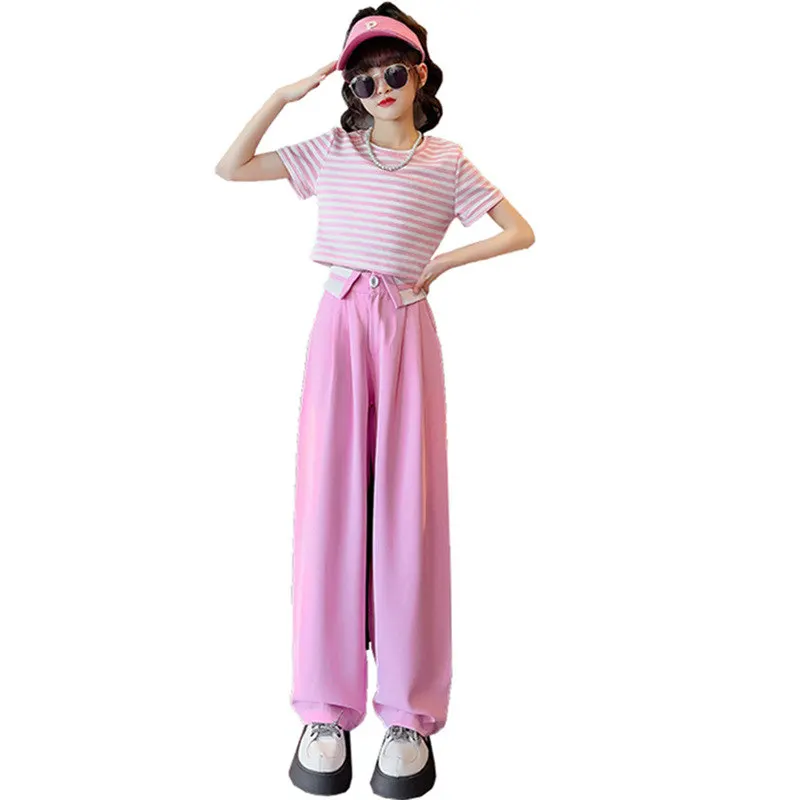

Girls Summer Fashion Suits Green Pink Color Children's Short Sleeve Striped Tshirts Top+Pants 2Pcs Sets Teen Kids Clothing Sets