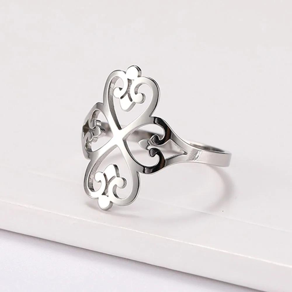 COOLTIME Geometrische filigrane Blumenringe für Frauen, Edelstahl, Vintage-Ring mit vierblättrigem Kleeblatt, Geburtstagsschmuck, Geschenk im Großhandel
