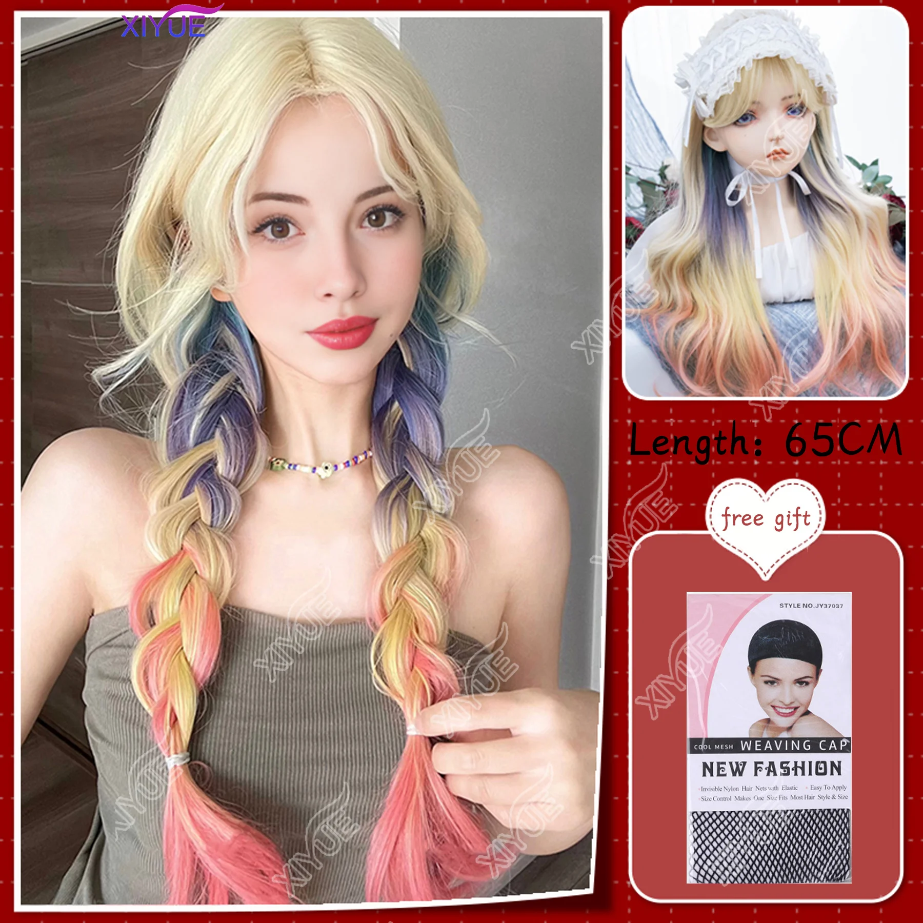 XIYUE 26Inch Dopamine Girl Style Blonde Mix Multicolour Synthetic Wigs Middle Part Long Wavy Hair Wig For Women Cosplay