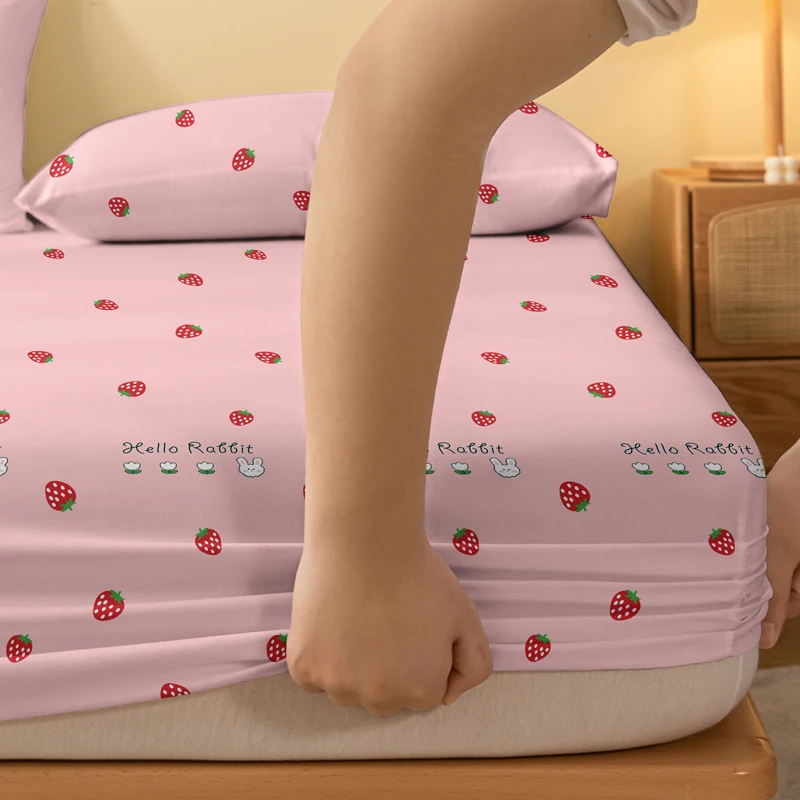 1 Cartoon Cute Plant Strawberry Rabbit printed matte Fitted Sheet, bedroom printed bed cover, bedding (excluding pillowcases) 4