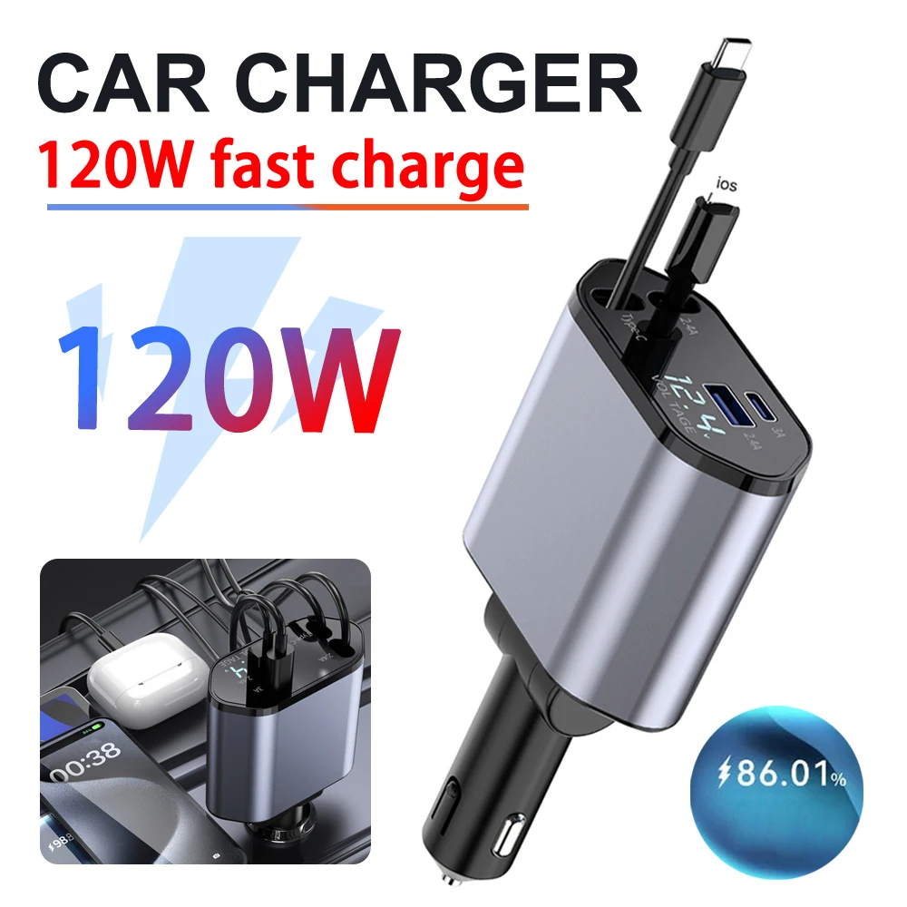 

4 in 1 120W Car Charger Retractable Car Cigarette Lighter Adapter USB Type C Fast Charger Cable For IPhone Xiaomi Huawei Samsung