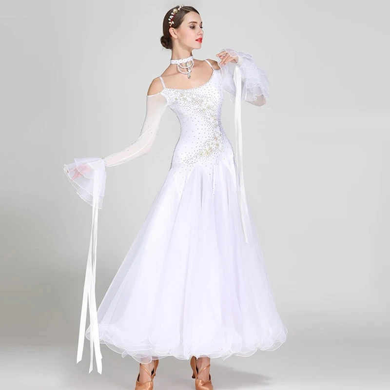Blue Off Shoulder Ribbon Ballroom Dance Dresses Fringe Ballroom Dance Competition Dress Waltz Foxtrot Dress Rumba Costumes