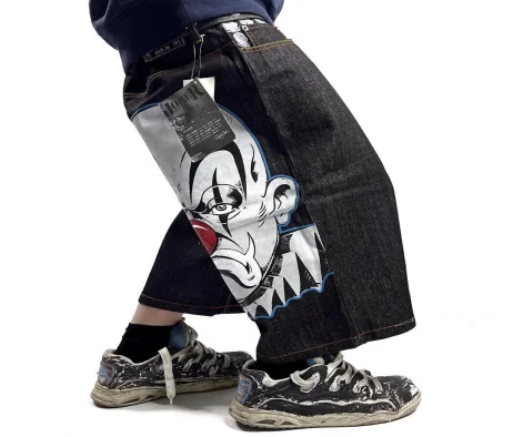 Men's High-waisted retro straight denim shorts summer large size loose clown print design casual wide-leg mid-length pants y2k denim shorts