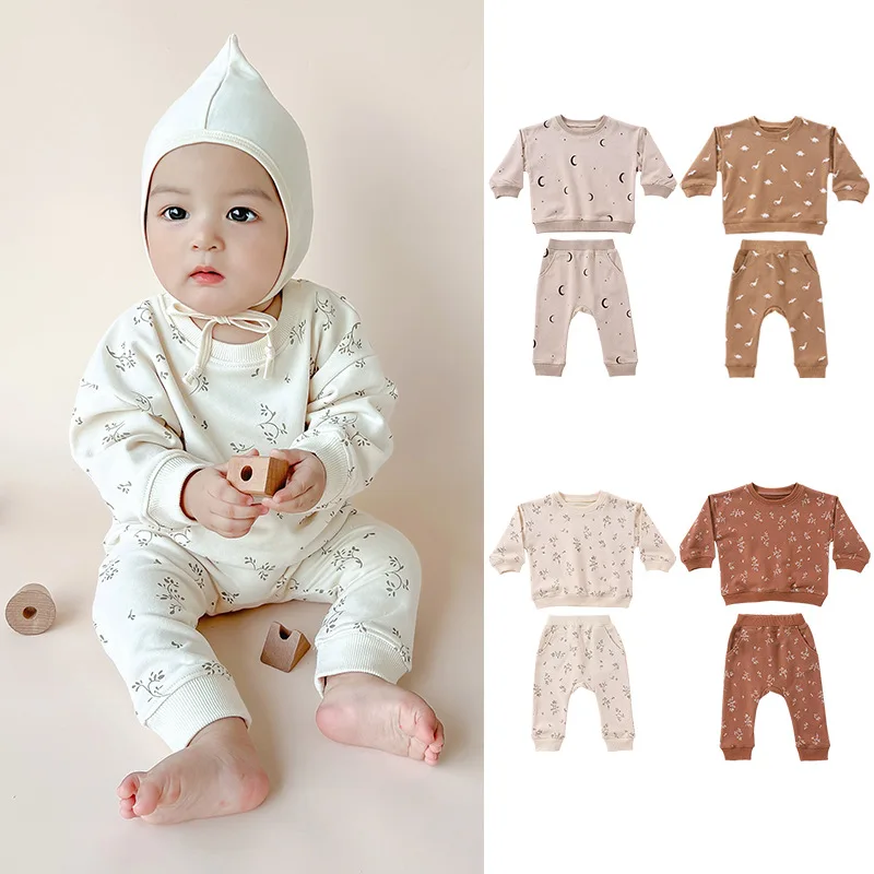

Jenny&Dave Autumn style baby hoodie two-piece set, European and American printed round neck home suit for both boys and girls