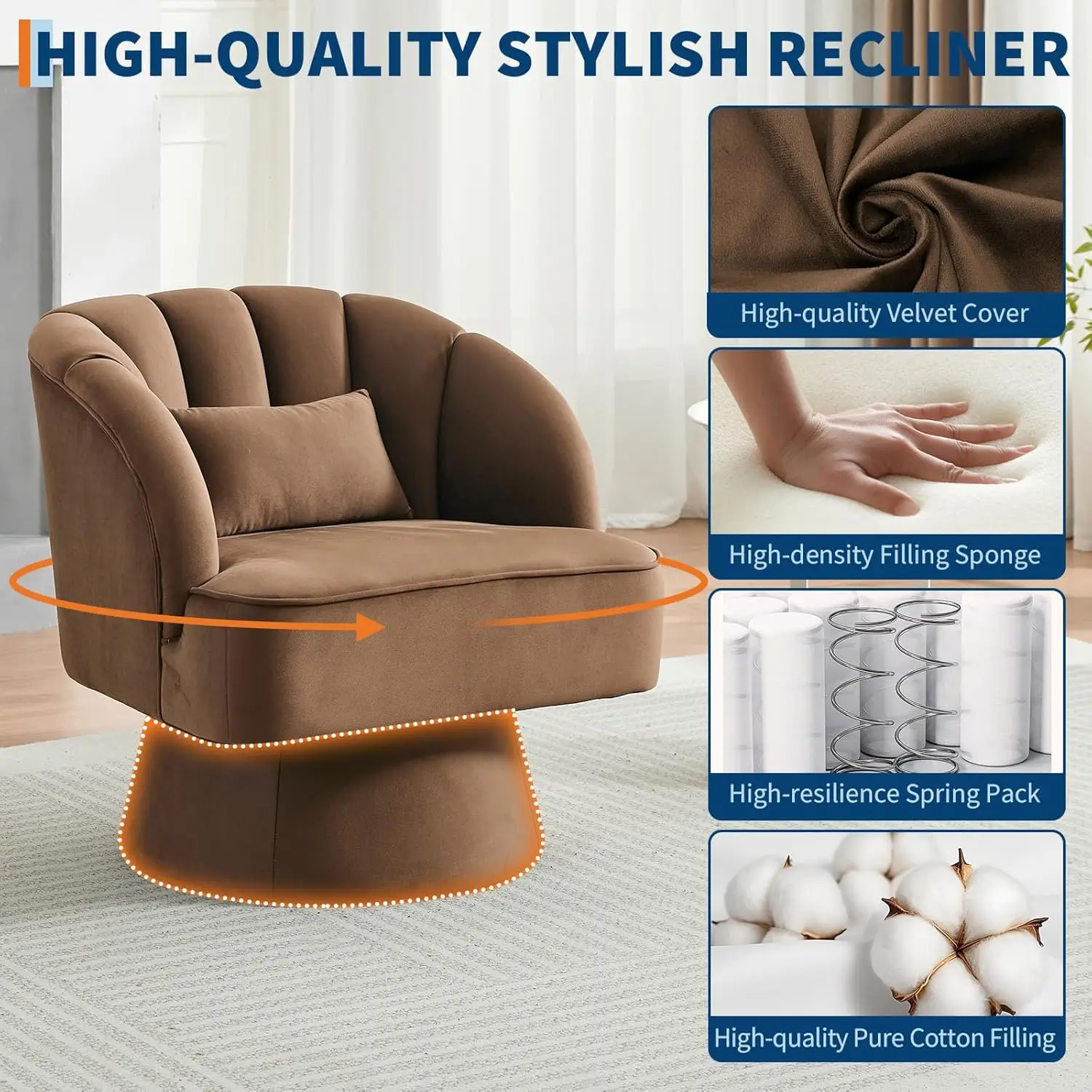 Drehbarer Sessel mit Akzentdesign, 360° ° Samtbezogener Runder Sessel, Komfortabler Übergroßer Loungesessel für Wohnzimmer, Schlafzimmer – Detail 25