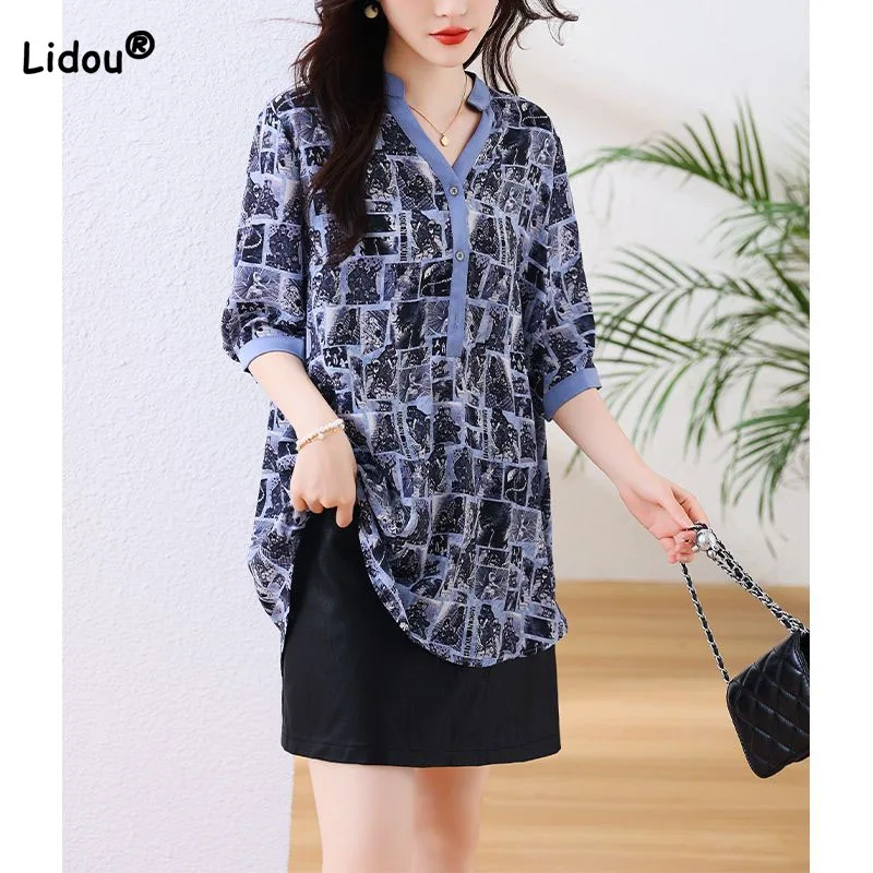 

Summer Women's Clothing Elegant Casual Printed Half Sleeve Blouse Fashion Thin Loose Button Patchwork V-Neck Shirt For Female