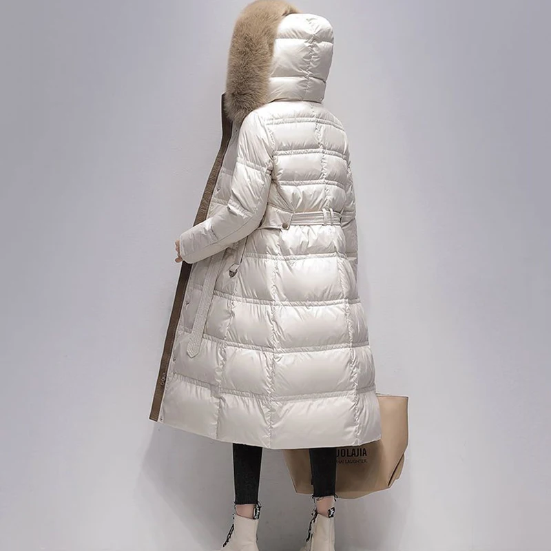 New High-Grade Women\'s Fox Fur Collar Down Jacket Winter Coat Cold 90% White Duck Down Outerwear Long Hooded Parker Overcoat