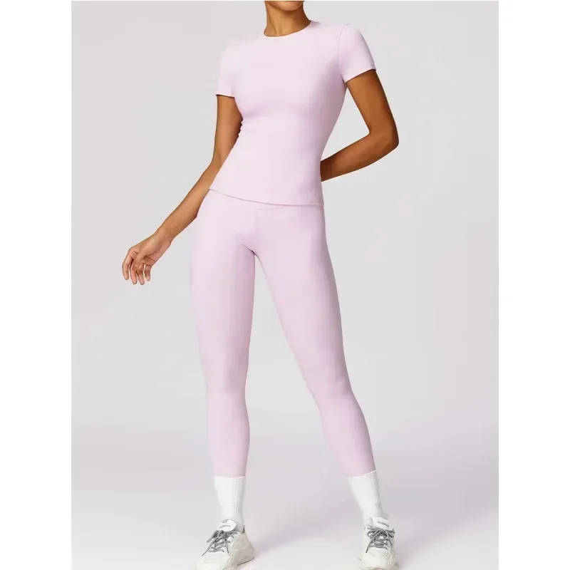 Yoga Set Seamless Yoga Set Women Pink Short Sleeve Top with High Waist Leggings Two Piece Workout Clothes Sports Fitness Gym Sets sports set gym workout set sportswear set fitness set sports bra set yoga pants set