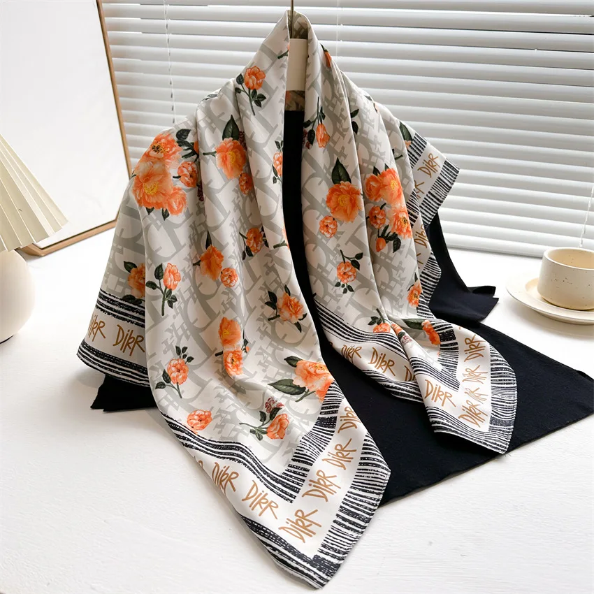 

2024 New Fashion Light Luxury Letters Print Silk Scarf 90cm Women Twill Simple Square Scarves Ladies Sunscreen Shawl Headscarf