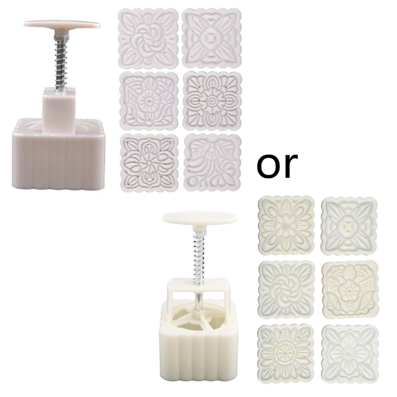 250g Mooncake Mold with 6pcs Square Flower Stamps Hand Press Moon Cake Pastry Mould DIY Bakeware Mid-autumn Festival