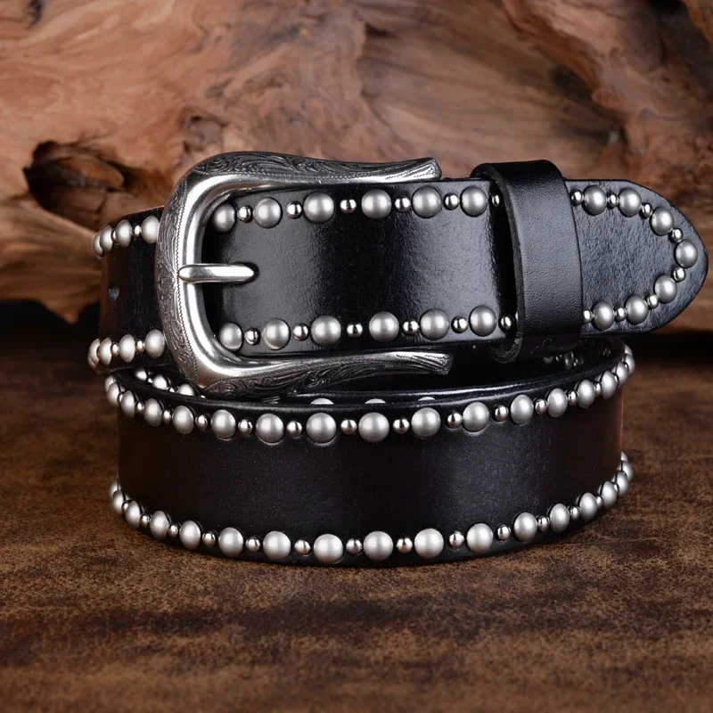 Neuheit Persönlichkeit Niet Gürtel Echtes Leder Männer Gürtel Luxus Designer Gürtel Für Männer Hohe Qualität Metall Schnalle Jeans Schwarz