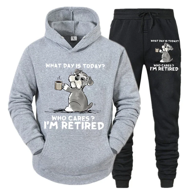 thumbnail image 1 of Conjunto de chándal para hombre nuevo "¿Qué día es hoy? ¿A quién le importa?" Sudadera con capucha y pantalón con estampado divertido de perro y café, conjunto de 2 piezas de pantalones de manga larga, 1 of 4