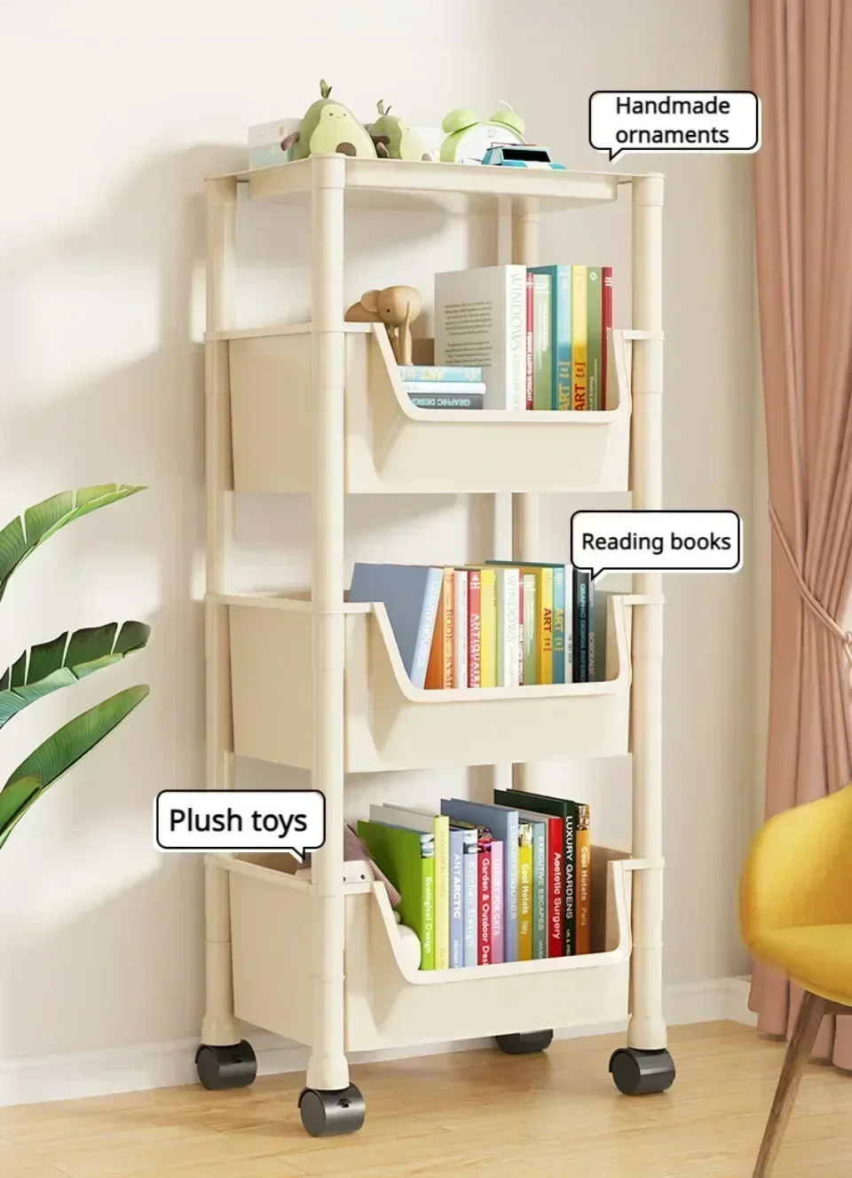 Description Picture 5 of itemTrolley Bookshelf With Wheels Portable Kitchen Storage Rack Mobile Display Cabinet Corner Living Room Movable Storage Holder