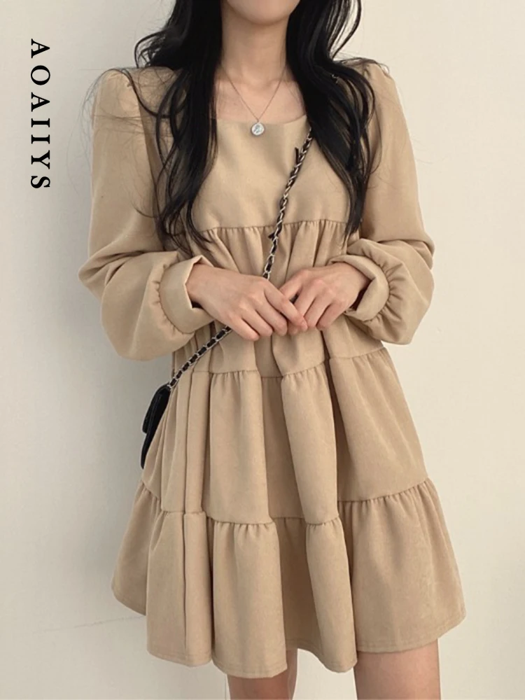 

Aoaiiys Mini Dress for Women Dresses 2023 Spring Autumn Solid Loose High Waisted Square Collar Clothing Above Knee, Mini Dresses