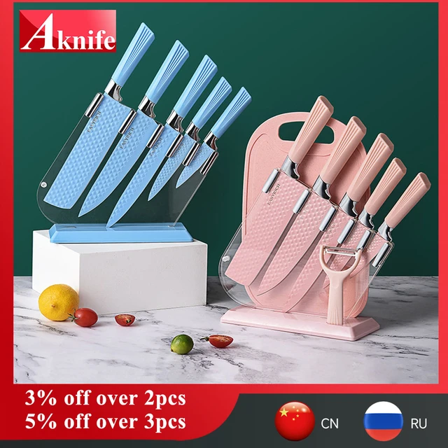 Stainless Steel 7 piece knife set with storage cutting board (pink
