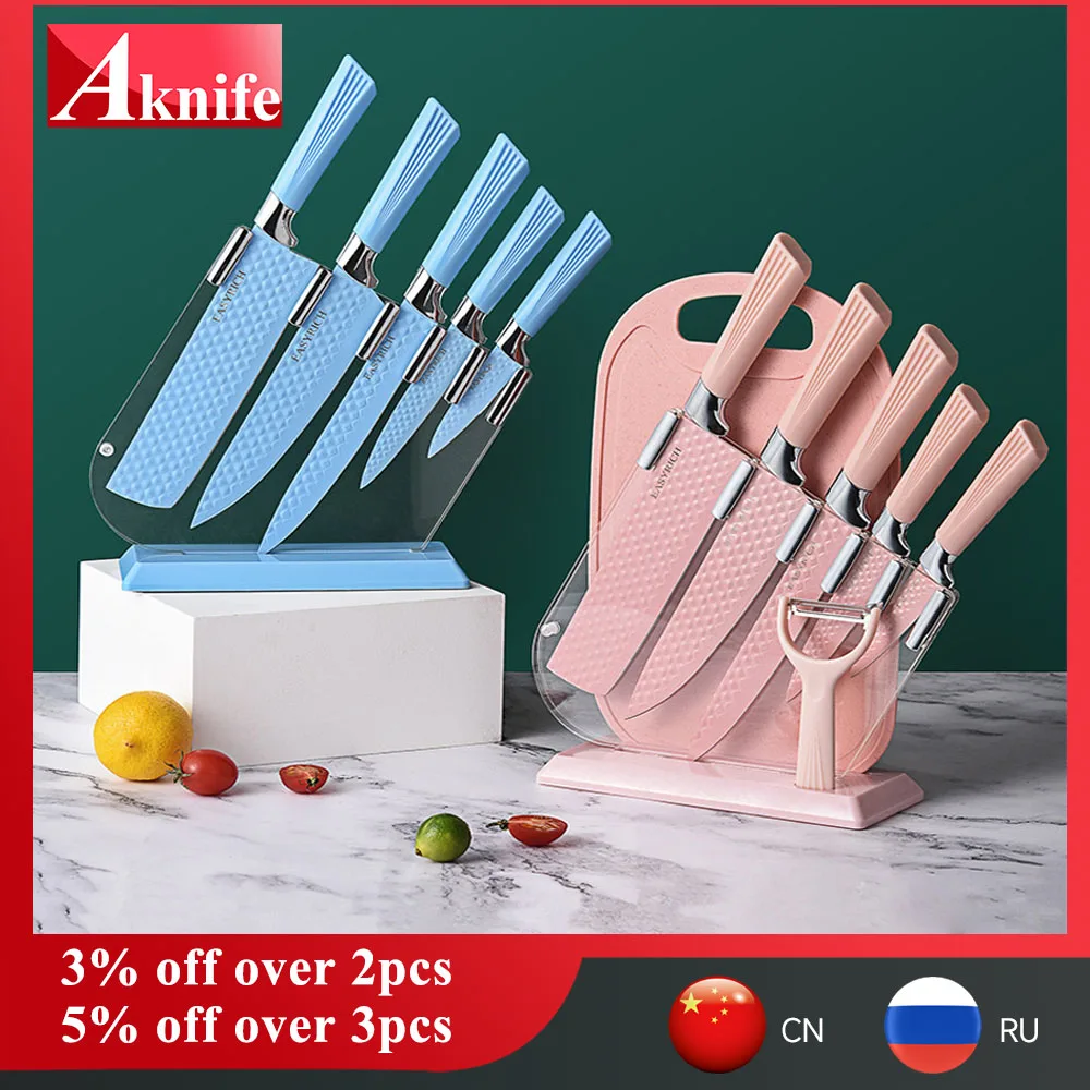 Stainless Steel 7 piece knife set with storage cutting board (pink/purple)