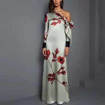 Elegante abito bohe con lacci con fiocco sulla spalla diagonale Abito da vacanza allentato con stampa fantasia alla moda Abito lungo casual a maniche lunghe da donna 1