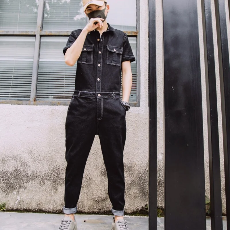 Harajuku Mens One Piece Denim Jumpsuit Hawk Embroidery Jeans Bib