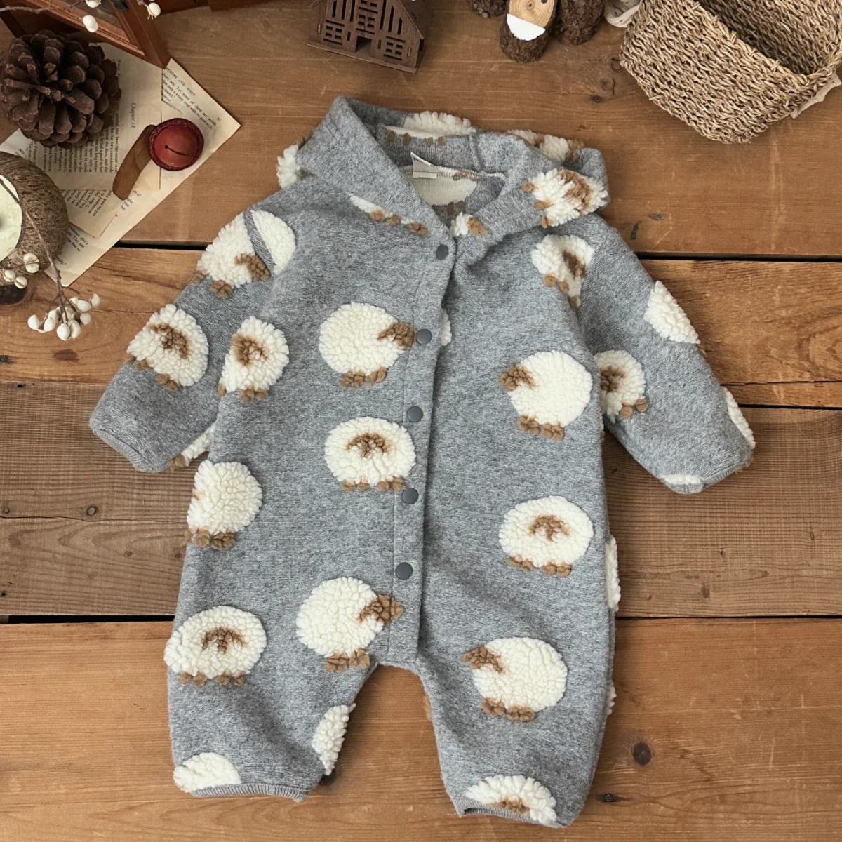 1-18 mesi bambino inverno grigio con cappuccio agnello ricamato manica lunga peluche tuta quotidiana neonato ragazzi ragazze vestiti caldi - immagine 5