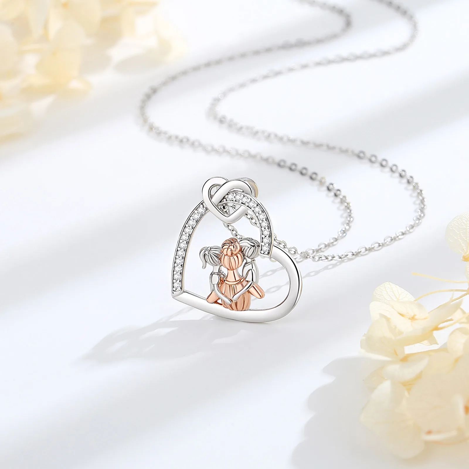 Silver Pendant Necklace 925 Sterling Silver Mother Kids Heart Zircon Rose Gold Mom Boy Girl