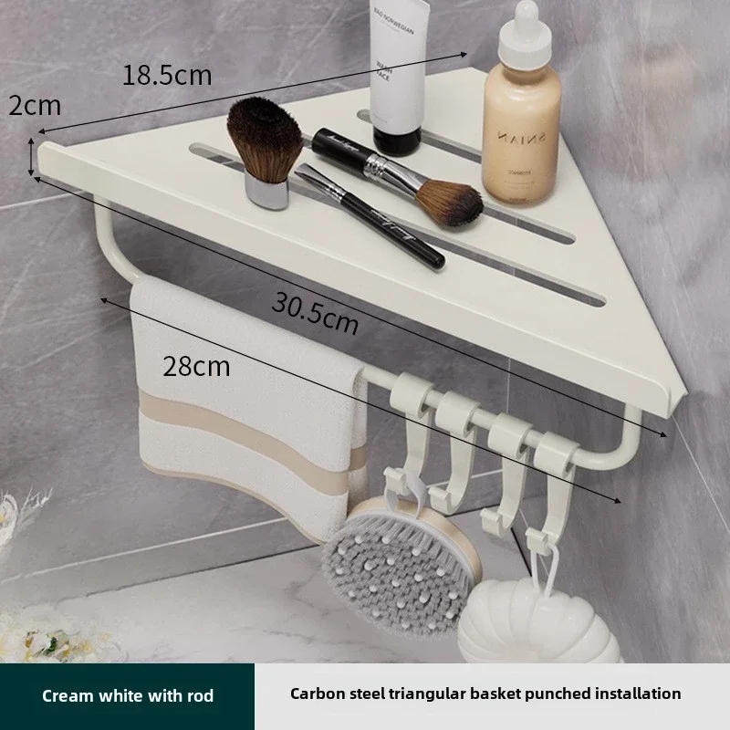 Bathroom Storage Shelf Bathroom Triangle Drain Shelf No Drilling Wall Mounted Cosmetic and Toiletries Hollow Carbon Steel Shelf with Hooks