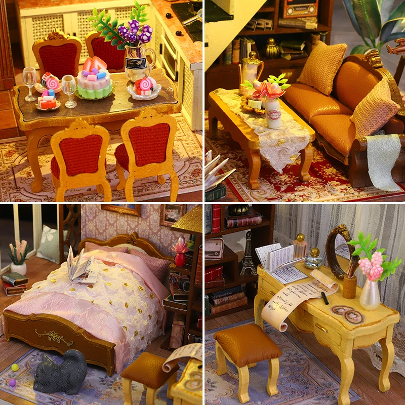 DIY Wooden Miniature Model Kit Big Romantic Casa 3D Puzzle European Villa Dollhouse With Furniture Lights Friends Birthday Gifts 5