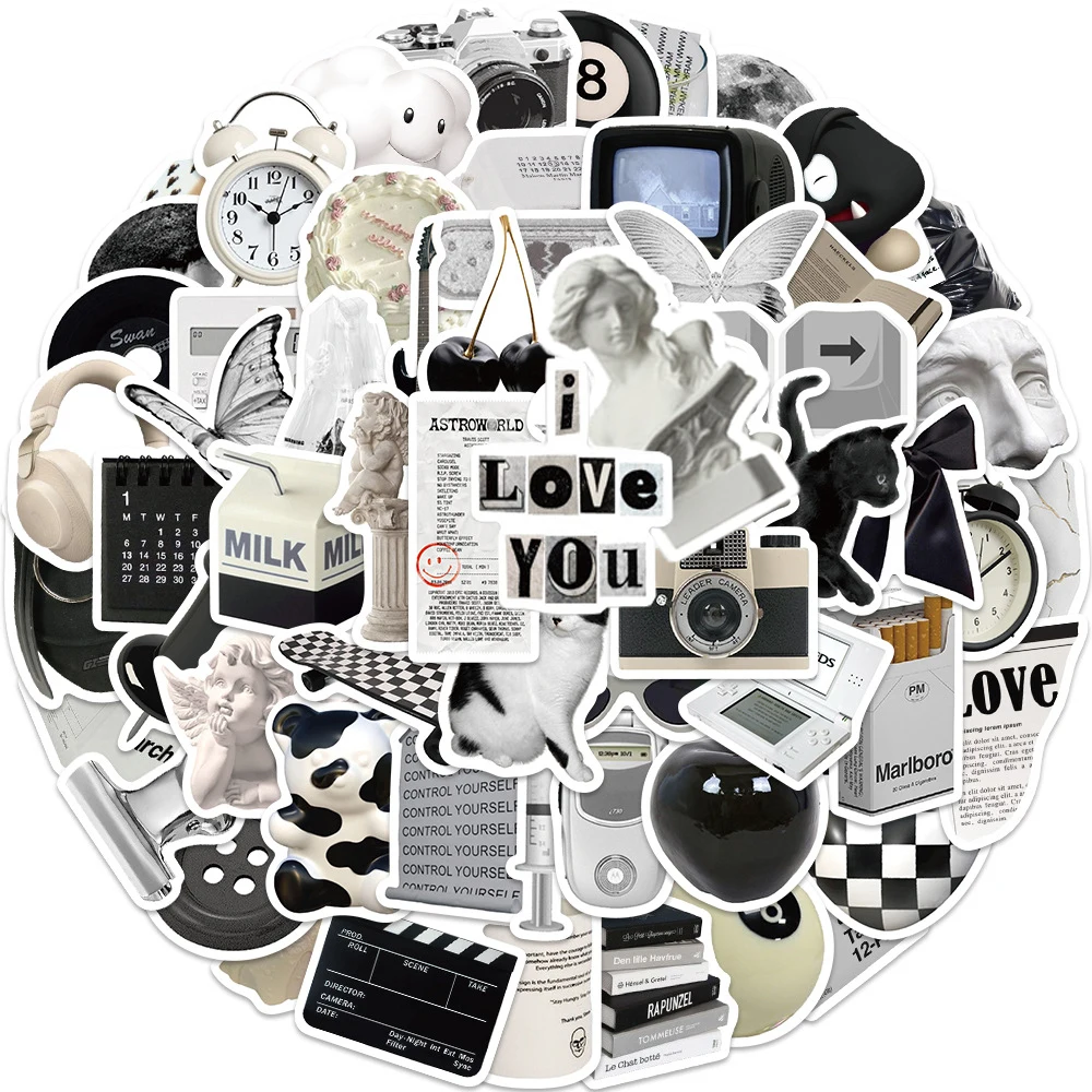 10/30/61Pcs Ins Style Apathy Black White Stickers Aesthetic VSCO Decals Luggage Laptop Cup Phone Scrapbook Wall Sticker Kids Toy 2