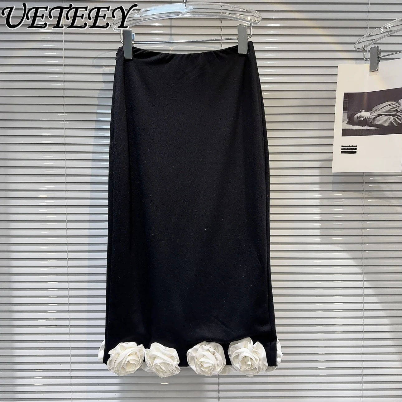 

Женская юбка с завышенной талией, черная длинная юбка с трехмерными цветами, весна-лето 2024