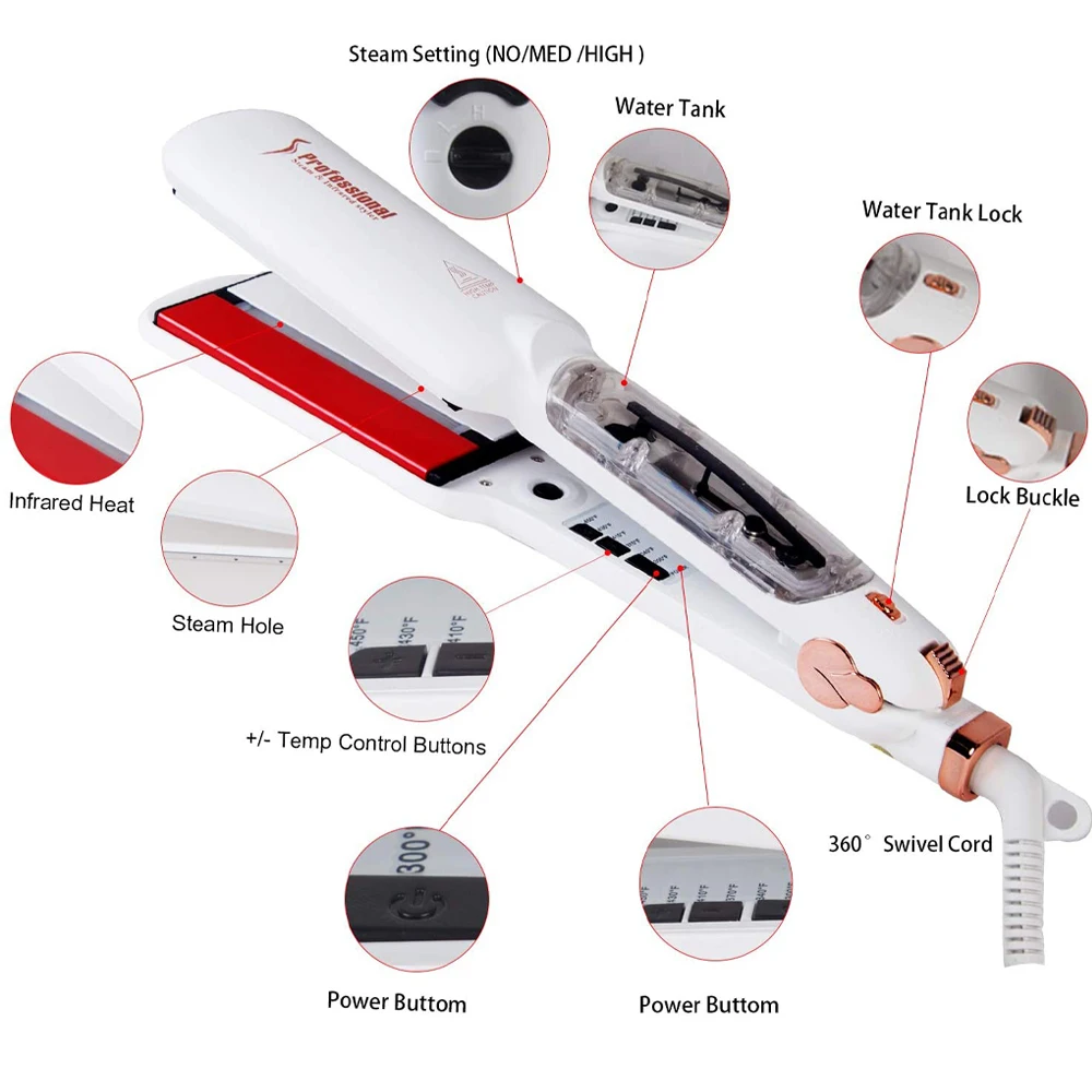 Steam Hair Straightener with Infrared 2 Inches Plate Hair Flat Iron 450°F Professional Salon Hair Styling Tool Dual Voltage 3