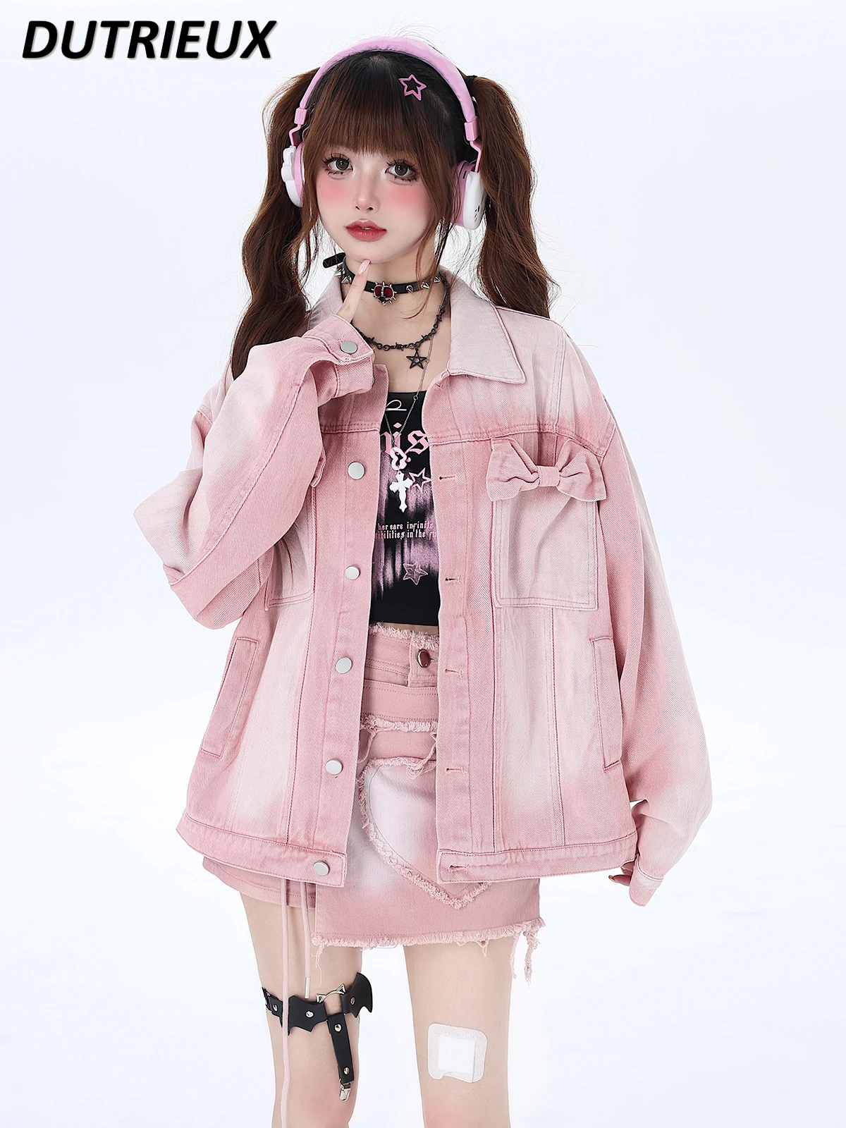 Fashion 2024 New Spring Autumn Women's Coats Pink Sweet Cool Girl Bow Denim Coat Female Fashion Loose Casual Jacket for Lady