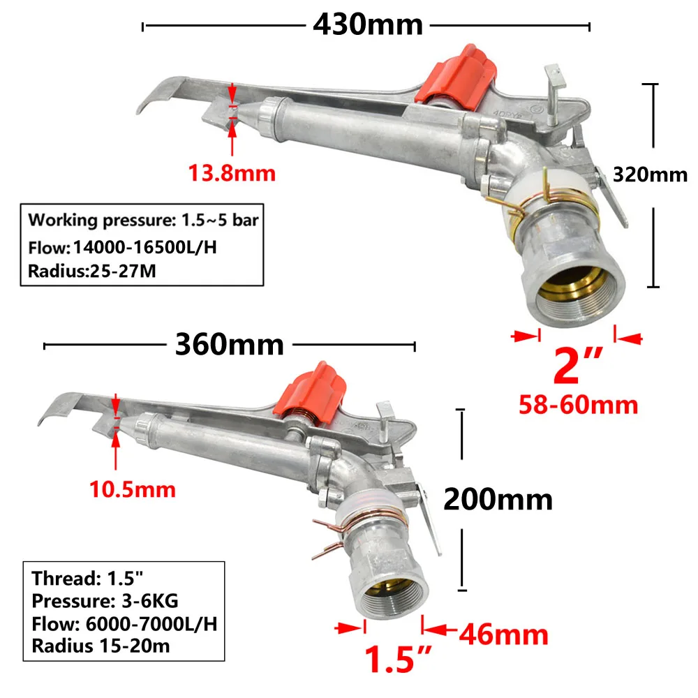 Garden Irrigation Female Thread Long Spray Distance Sprinkler Head Farm Big Covering Range Watering Gun Rocker Nozzle 1.5 2 Inch