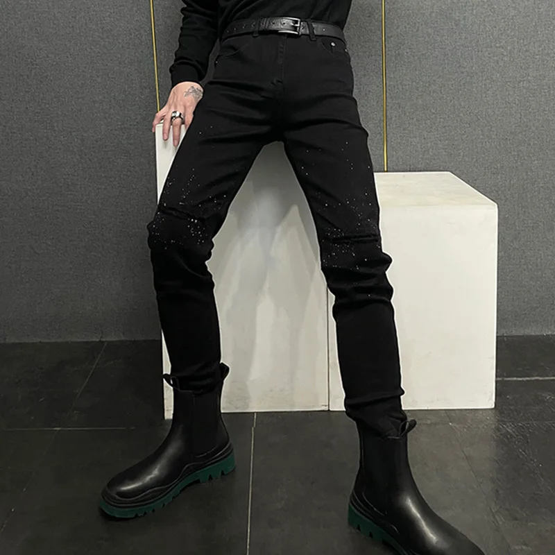 Solid Color Rhinestone Jeans Men's 2024 Spring Autumn Male Slim Fit Stretch Denim Pants Casual Long Pants Men's Denim Trousers
