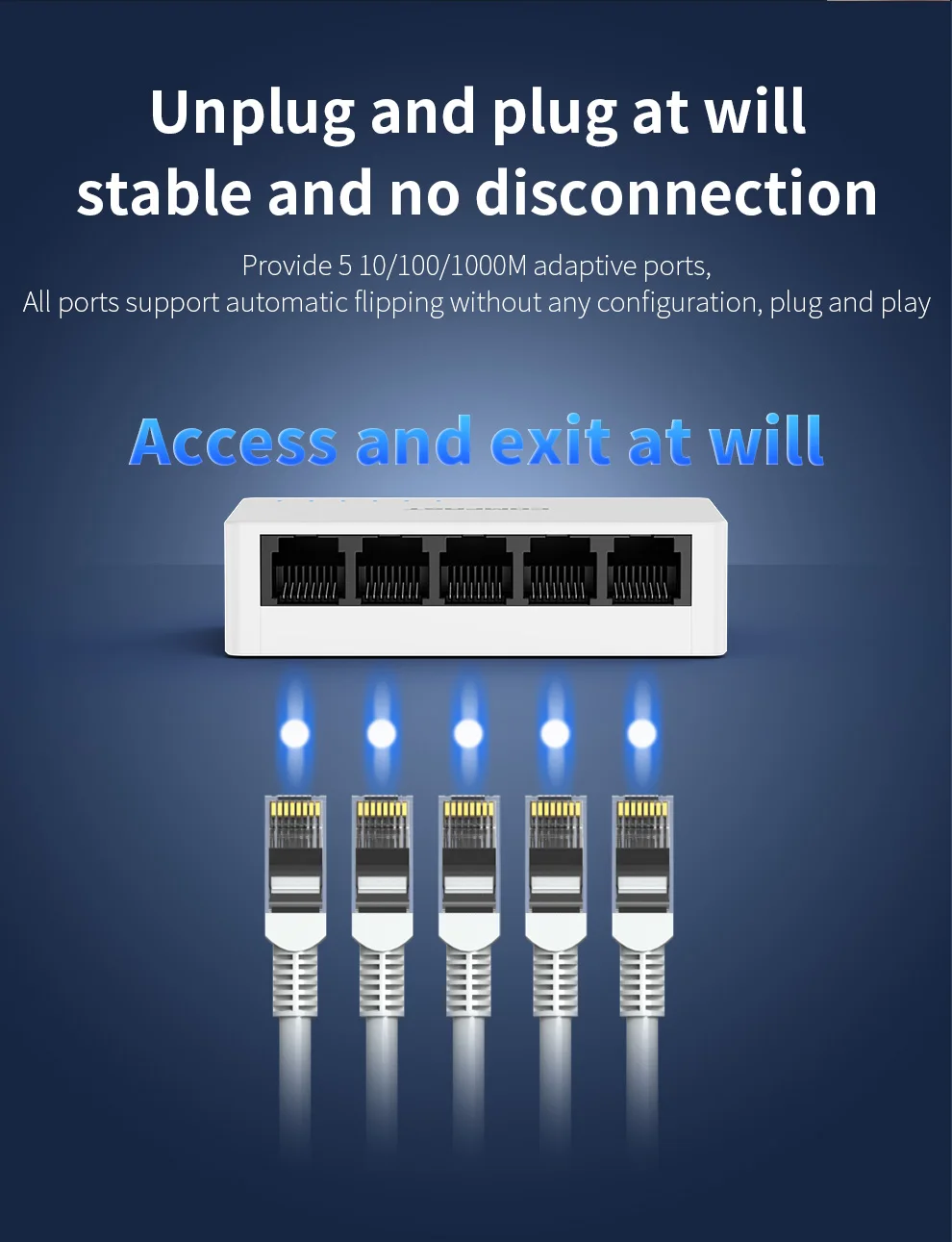 COMFAST 휴대용 플러그 앤 플레이 스위치, 5 포트 기가비트 이더넷 스위치, 2K 자동 MDI/MDIX, 1000Mbps 고속 변속기, IEEE 802.3x