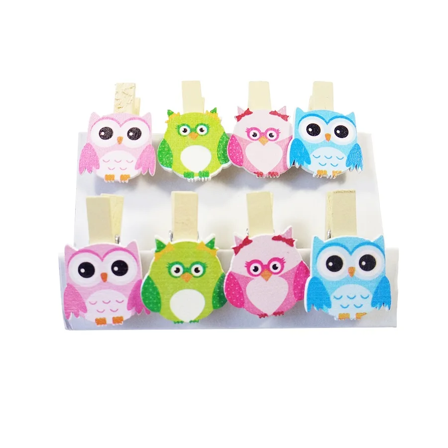 

8pcs/lot Cartoon Owl Pattern Small Wooden Clips For Party And Room Photo Decoration Kawaii Wood Clips