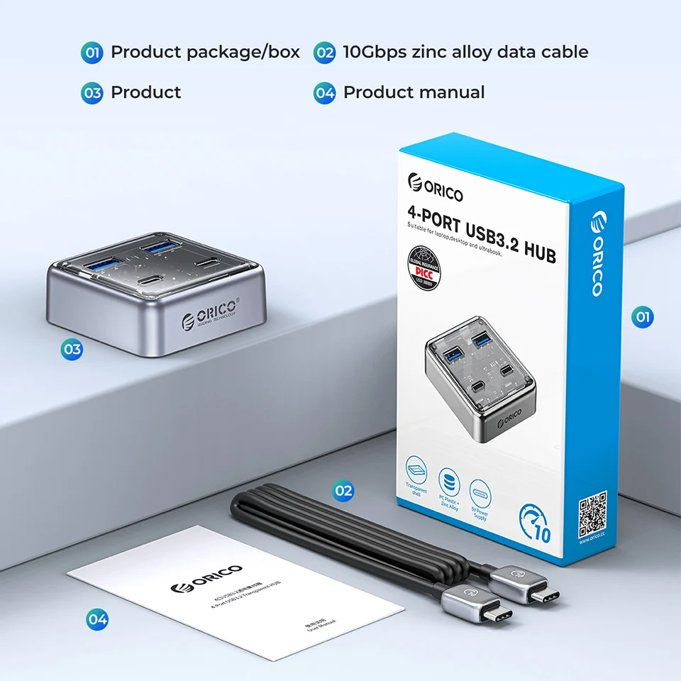 Orico-multi Hub Splitter para Laptop e pc Usb a tipo c 10gbps tipo c Multi Estação de Ancoragem Adaptador Extensor Portas - Imagem 6