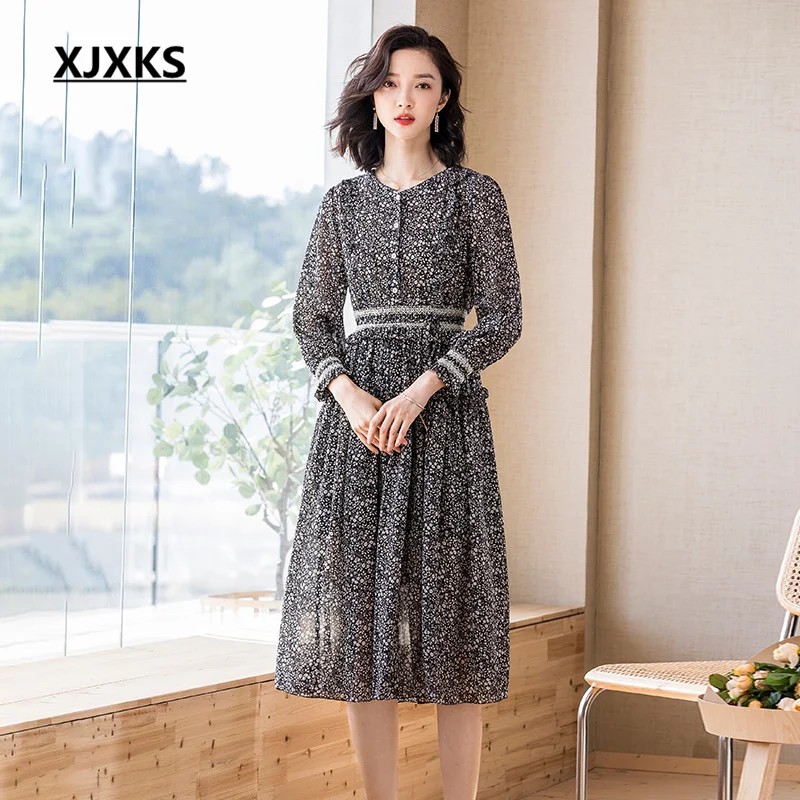 

XJXKS 2022 Summer Autumn New Women's Clothing Long Vestidos Exquisite Small V-neck Fashion Button High-end Temperament Dress