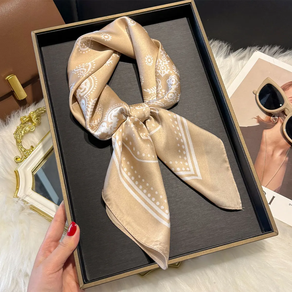 New Luxury Paisley Print 70*70cm Square Scarf Women Soft Satin Hairband Neckerchief Tie Female Headband Foulard Bag Ribbon Gift