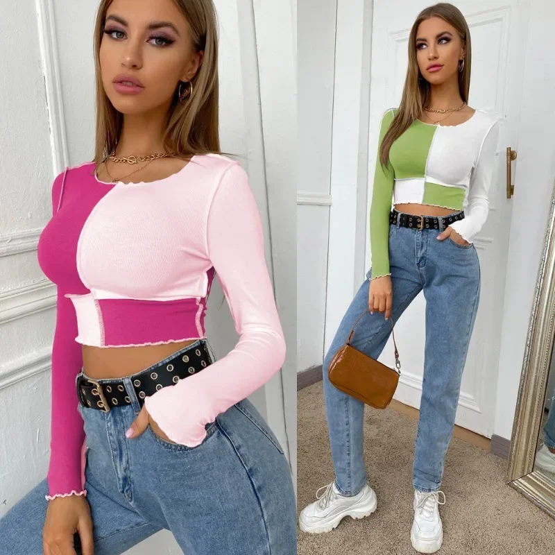 

Skinny T Shirt Female Patchcwork Short Top Women Clothing Sexy Slim Crop Top Ladies Casual O Neck T Shirt Women Clothes YSQ33