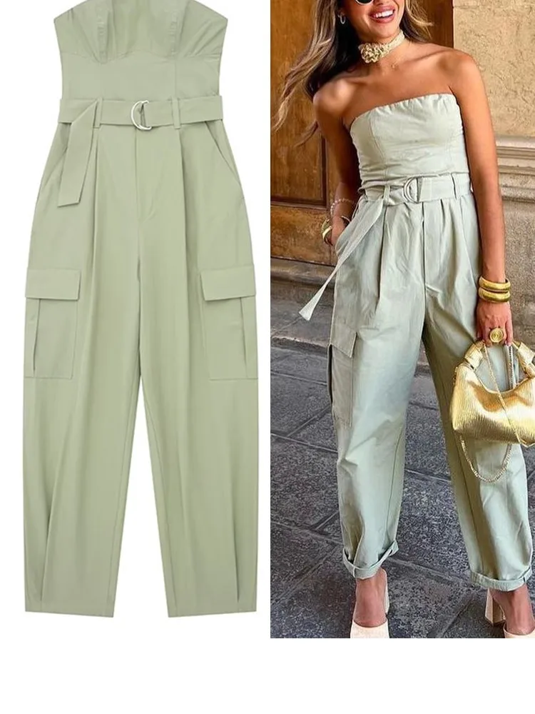 

Green Y2K romper Belt, sleeveless, overalls, Baggy, Chic, monochrome, Women's, Street Fashion, new, 2024