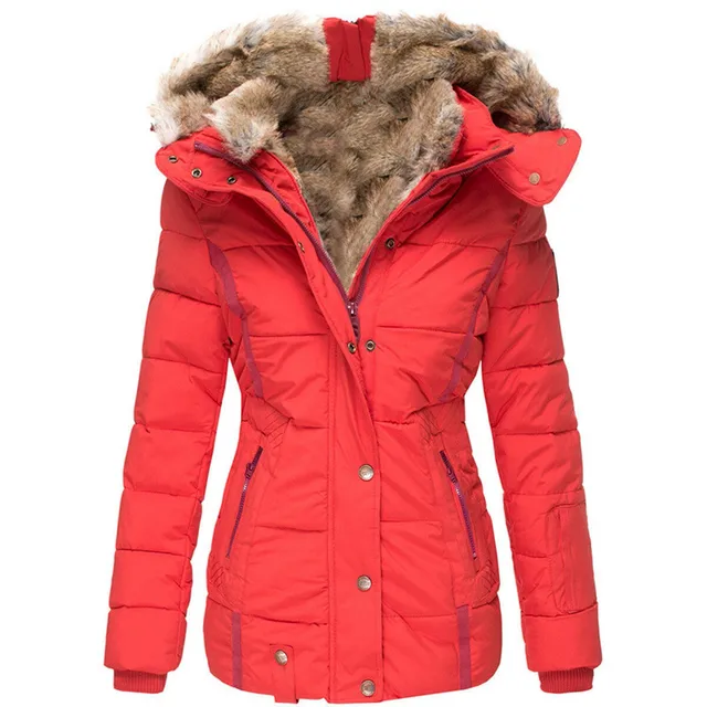 1 Pcs Women's Warm Fur Collar Cotton Down Jacket Zipper Long Sleeved Slim Fitting Hooded Cotton Jacket Outdoor Winter Warm Coat 6