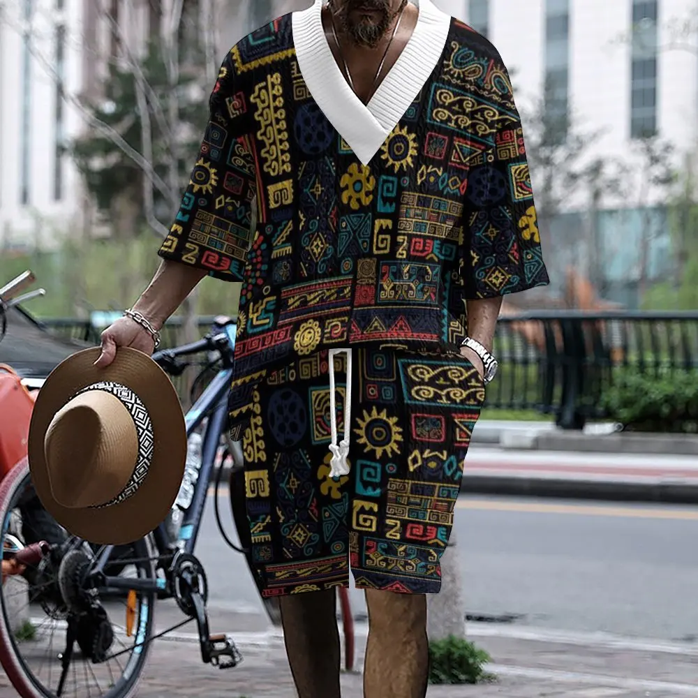 

2024 Men's Trendy Printing Casual Set Men's Summer Loose Short sleeved Shorts V-neck Dynamic Set Two piece Set for Men