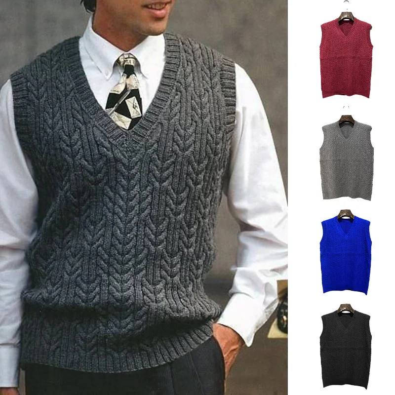 Mens Warm Knitted V-Neck Sweater Slim Fit Sweater Vest  Pullover Male Simple All-match Sleeveless Jumper Knitted Waistcoats