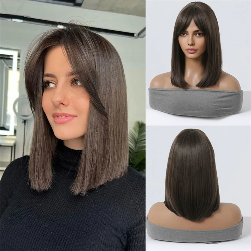 Dark Brown Straight Shoulder Length Synthetic Wigs with Side Parted Bangs for Women Daily Party Cosplay Wig Heat Resistant Fiber