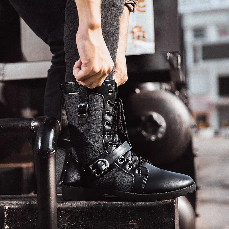 Mens Leather Boots Retro Mid-Carf Punk Boots 2025 Winter Men's Plus Velvet Motorcycle Boots All-match Tooling Shoes Denim Mid-high Army Men Motorcycle Leather Boots