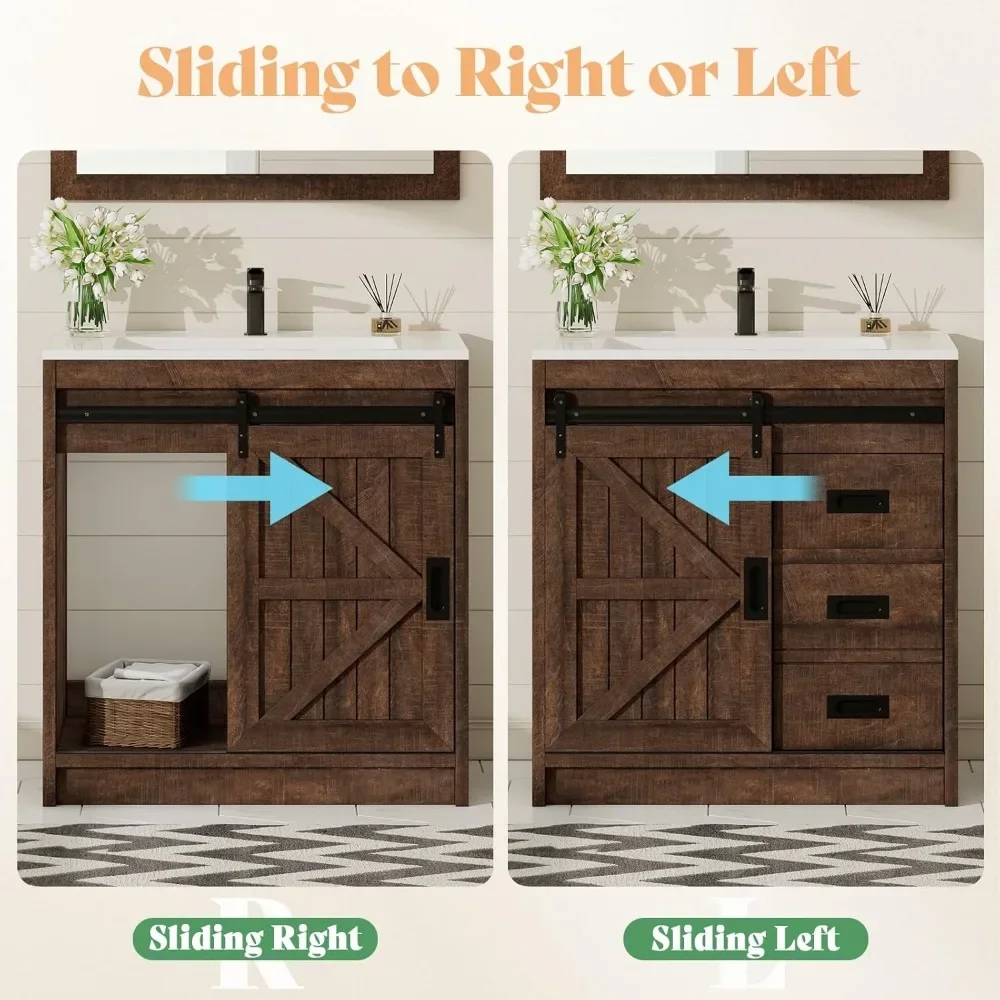 Farmhouse Bathroom Vanity with Sink Combo,Sliding Barn Door Bathroom Vanity Cabinet Set with Storage Drawers, Metal Handles 3