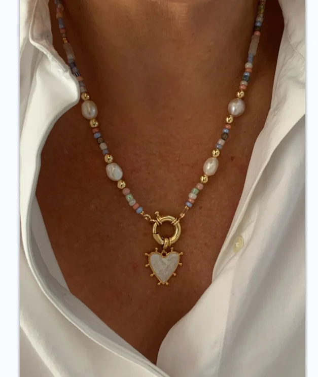 Womens Handmade Beaded Necklace with Heart Pendant & Golden Clasp